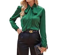 MINTLIMIT Women's Silk Blouses Long Sleeve Satin Button Down Shirt Work Office Elegant Bow Tie Neck Silk Shirts Ladies Top Green