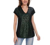 MINTLIMIT Women's Sparkle Sequin Tops Shimmer Glitter V Neck Party Top Short Cap Sleeve (Dark Green L)