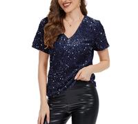 MINTLIMIT Womens Sparkle & Shine Short Sleeve Tops V-Neck Club Party Sequin Shirt Navy Blue