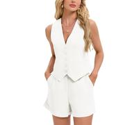 MINTLIMIT Women's Spring Summer 2 Piece Outfits Sleeveless Linen Waistcoat Vest and Shorts V-Neck 5 Buttons for Weekend Getaways (White S)
