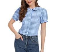 MINTLIMIT Women's Summer Gingham Blouse 2025 Plaid Top Short Sleeve Button Down Peter Pan Collar Shirt Light Blue