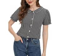 MINTLIMIT Women's Summer Gingham Blouse 2025 Plaid Top Short Sleeve Button Down Peter Pan Collar Shirt Black