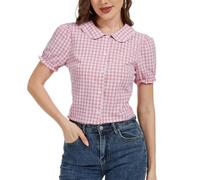 MINTLIMIT Women's Summer Gingham Blouse 2026 Plaid Top Short Sleeve Button Down Peter Pan Collar Shirt Pink