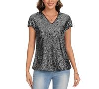 MINTLIMIT Womens V Neck Tops Cap Short Sleeve T-Shirt Glitter Sparkly Tunic Blouse Club Night (Black(Silver Glitter) M)