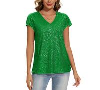 MINTLIMIT Womens V Neck Tops Cap Short Sleeve T-Shirt Glitter Sparkly Tunic Blouse Club Night (Bright Green M)