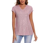 MINTLIMIT Womens V Neck Tops Cap Short Sleeve T-Shirt Glitter Sparkly Tunic Blouse Club Night (Pink M)