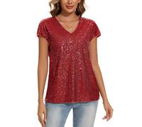MINTLIMIT Womens V Neck Tops Cap Short Sleeve T-Shirt Glitter Sparkly Tunic Blouse Club Night (Red M)