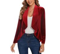 MINTLIMIT Womens Velvet Blazer Open Front Long Sleeve Suits Vintage Ladies Blazers Cardigans Casual Retro Ruffle Trim Unlined Going-Out Wear (Red L)