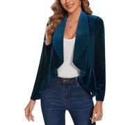 MINTLIMIT Womens Velvet Blazer Open Front Long Sleeve Suits Vintage Ladies Blazers Cardigans Casual Retro Ruffle Trim Unlined Going-Out Wear (Cobalt Green XXL)