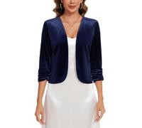 MINTLIMIT Women's Velvet Open Front 3/4 Sleeve Front Lined Burgundy Blazer Cardigans Jackets Day to Night Coat for Cocktails Parties (Navy L)
