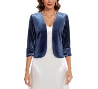 MINTLIMIT Women's Velvet Open Front 3/4 Sleeve Front Lined Burgundy Blazer Cardigans Jackets Day to Night Coat for School Dances (Blue M)