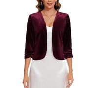 MINTLIMIT Women's Velvet Open Front Burgundy Blazer Cardigans Day to Night Coat 3/4 Sleeve Front Lined Jackets Cocktails Parties (Wine Red L)