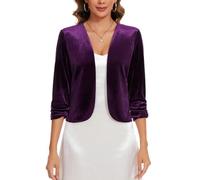 MINTLIMIT Womens Velvet Open Front Cardigans Blazer 3/4 Sleeve Day to Night Coat Front Lined Jackets School Dances (Purple M)