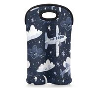 Mintoprints Aircraft Wine Carrier Tote Bag for 2 Bottles Flying Airplane Navy Blue Neoprene Wine Bottle Holder Carriers Bag Case Wine Cooler Bag for Travel, Picnic, Party