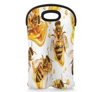 Mintoprints Bee Wine Carrier Tote Bag for 2 Bottles Farmhouse Honey Bee Neoprene Wine Bottle Holder Carriers Bag Case Wine Cooler Bag for Travel, Picnic, Party