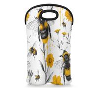 Mintoprints Bee Wine Carrier Tote Bag for 2 Bottles Yellow Flower Floral Neoprene Wine Bottle Holder Carriers Bag Case Wine Cooler Bag for Travel, Picnic, Party