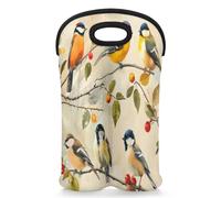 Mintoprints Bird Wine Carrier Tote Bag for 2 Bottles Birds on Tree Branch Neoprene Wine Bottle Holder Carriers Bag Case Wine Cooler Bag for Travel, Picnic, Party