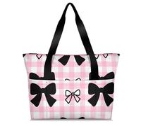Mintoprints Black Bow Tote Bag for Women, Buffalo Check Lightweight Shoulder Bag with Compartments & Zipper for Travel, Work, Gym