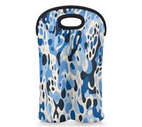 Mintoprints Blue Leopard Print Wine Carrier Tote Bag for 2 Bottles Animal Skin Neoprene Wine Bottle Holder Carriers Bag Case Wine Cooler Bag for Travel, Picnic, Party