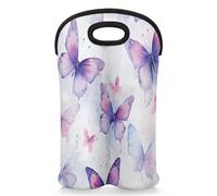 Mintoprints Butterfly Purple Wine Carrier Tote Bag for 2 Bottles Butterfly Animals Neoprene Wine Bottle Holder Carriers Bag Case Wine Cooler Bag for Travel, Picnic, Party