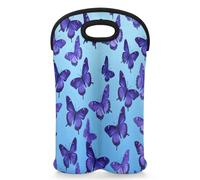 Mintoprints Butterfly Purple Wine Carrier Tote Bag for 2 Bottles Purple Animal Neoprene Wine Bottle Holder Bag Pouch Case Wine Cooler Bag for Travel Picnic, Party