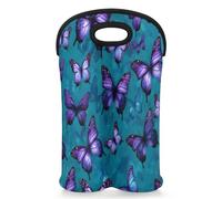 Mintoprints Butterfly Wine Carrier Tote Bag for 2 Bottles Purple Butterflies Neoprene Wine Bottle Holder Carriers Bag Case Wine Cooler Bag for Travel, Picnic, Party