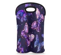 Mintoprints Butterfly Wine Carrier Tote Bag for 2 Bottles Purple Neoprene Wine Bottle Holder Carriers Bag Case Wine Cooler Bag for Travel, Picnic, Party