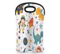 Mintoprints Cartoon Dinosaur Wine Carrier Tote Bag for 2 Bottles Planet Space Stars Neoprene Wine Bottle Holder Carriers Bag Case Wine Cooler Bag for Travel, Picnic, Party