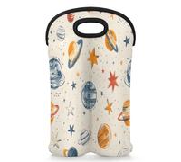 Mintoprints Cartoon Outer Space Wine Carrier Tote Bag for 2 Bottles Galaxy Rocket Neoprene Wine Bottle Holder Carriers Bag Case Wine Cooler Bag for Travel, Picnic, Party