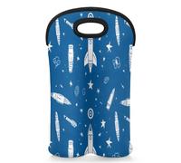 Mintoprints Cartoon Space Rocket Wine Carrier Tote Bag for 2 Bottles Blue Rocket Neoprene Wine Bottle Holder Carriers Bag Case Wine Cooler Bag for Travel, Picnic, Party