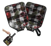 Mintoprints Christmas Bell Pickleball Paddle Cover, Racket Sleeve with Pocket and Handle Strap Buffalo Plaid Paddle Case Fits Most Rackets