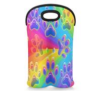 Mintoprints Colorful Cartoon Dog Cat Pawprints Wine Carrier Tote Bag for 2 Bottles Pet Puppy Prints Neoprene Wine Bottle Holder Carriers Bag Case Wine Cooler Bag for Travel, Picnic, Party