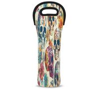 Mintoprints Colorful Skull Wine Carrier Tote Bag Skeleton Skull Floral 1 Bottle Neoprene Wine Cooler Bag Carrier Bag Case Wine Bottle Holder for Travel, Picnic, Party