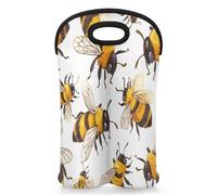 Mintoprints Cute Bee Wine Carrier Tote Bag for 2 Bottles Honey Bees Neoprene Wine Bottle Holder Carriers Bag Case Wine Cooler Bag for Travel, Picnic, Party