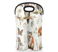 Mintoprints Cute Cartoon Forest Animal Owl Bunny Wine Carrier Tote Bag for 2 Bottles Neoprene Wine Bottle Holder Carriers Bag Case Wine Cooler Bag for Travel, Picnic, Party