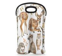 Mintoprints Cute Cartoon Forest Animal Owl Deer Wine Carrier Tote Bag for 2 Bottles Neoprene Wine Bottle Holder Carriers Bag Case Wine Cooler Bag for Travel, Picnic, Party