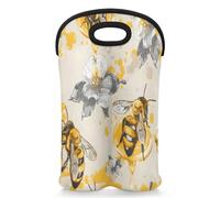 Mintoprints Cute Honey Bee Wine Carrier Tote Bag for 2 Bottles Flower Bee Neoprene Wine Bottle Holder Carriers Bag Case Wine Cooler Bag for Travel, Picnic, Party