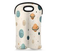 Mintoprints Cute Space Planet Wine Carrier Tote Bag for 2 Bottles Neoprene Wine Bottle Holder Carriers Bag Case Wine Cooler Bag for Travel, Picnic, Party