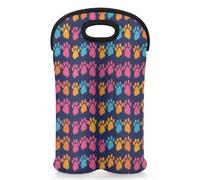 Mintoprints Dog Animal Paws Wine Carrier Tote Bag for 2 Bottles Colorful Cat Paw Print Neoprene Wine Bottle Holder Carriers Bag Case Wine Cooler Bag for Travel, Picnic, Party