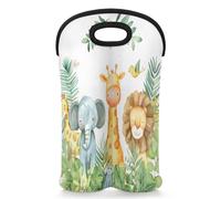 Mintoprints Elephant Giraffe Lion Cute Animals Wine Carrier Tote Bag for 2 Bottles Neoprene Wine Bottle Holder Carriers Bag Case Wine Cooler Bag for Travel, Picnic, Party