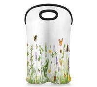 Mintoprints Flowers Florals Leaves Wine Carrier Tote Bag for 2 Bottles Wild Flowers Plants Neoprene Wine Bottle Holder Carriers Bag Case Wine Cooler Bag for Travel, Picnic, Party