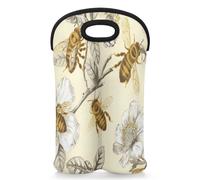 Mintoprints Honey Bee Wine Carrier Tote Bag for 2 Bottles Bee Floral Neoprene Wine Bottle Holder Carrier Bag, Bag, Wine Cooler Bag for Travel, Picnic, Party