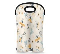 Mintoprints Honey Bee Wine Carrier Tote Bag for 2 Bottles Bee Flower Neoprene Wine Bottle Holder Carriers Bag Case Wine Cooler Bag for Travel, Picnic, Party