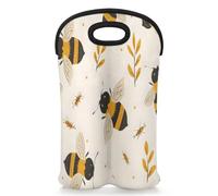 Mintoprints Honey Bee Wine Carrier Tote Bag for 2 Bottles Cute Bee Neoprene Wine Bottle Holder Carriers Bag Case Wine Cooler Bag for Travel, Picnic, Party