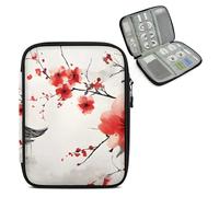 Mintoprints Japanese Theme Travel Electronic Organizer Case, Red Flower Slim Cable Management Bag for Game Console & Accessories, Portable Double Zipper Pouch with Mesh Pockets & Elastic Straps