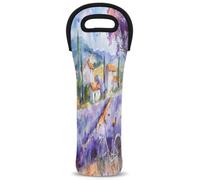 Mintoprints Lavender Flower Wine Carrier Tote Bag Lavender Field Bike 1-Bottle Neoprene Wine Cooler Bag Carriers Bag Case Wine Bottle Holder for Travel, Picnic, Party