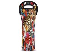 Mintoprints Leopard Print Flower Wine Carrier Tote Bag Cheetah 1-Bottle Neoprene Wine Cooler Bag Carriers Bag Case Wine Bottle Holder for Travel, Picnic, Party