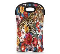 Mintoprints Leopard Print Flower Wine Carrier Tote Bag for 2 Bottles Cheetah Neoprene Wine Bottle Holder Carriers Bag Case Wine Cooler Bag for Travel, Picnic, Party