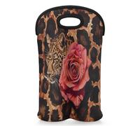 Mintoprints Leopard Rose Wine Carrier Tote Bag for 2 Bottles Leopard Print Neoprene Wine Bottle Holder Carriers Bag Case Wine Cooler Bag for Travel, Picnic, Party