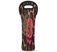 Mintoprints Leopard Rose Wine Carrier Tote Bag Leopard Print 1-Bottle Neoprene Wine Cooler Bag Carriers Bag Case Wine Bottle Holder for Travel, Picnic, Party